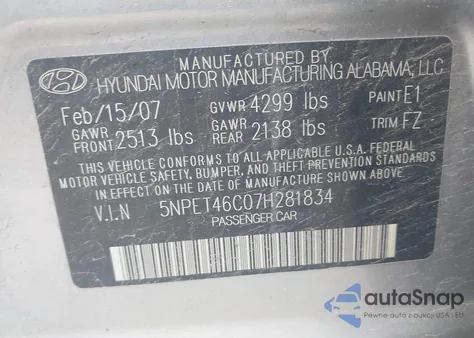 2007 Hyundai Sonata Gls z USA, uszkodzony, nr VIN 5NPET46C07H281834